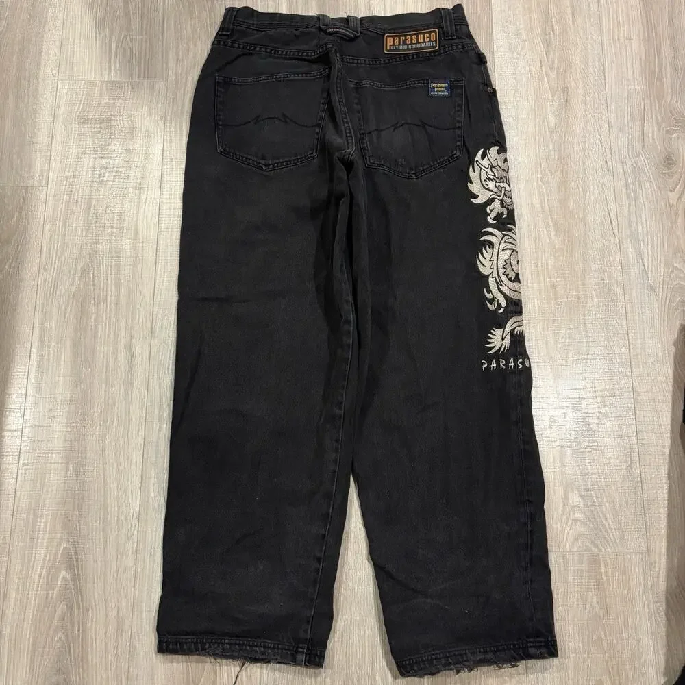 Vintage Parasuco Jeans Mens 34x30 Black Denim Baggy Dragon Embroidered Y2K JNCO